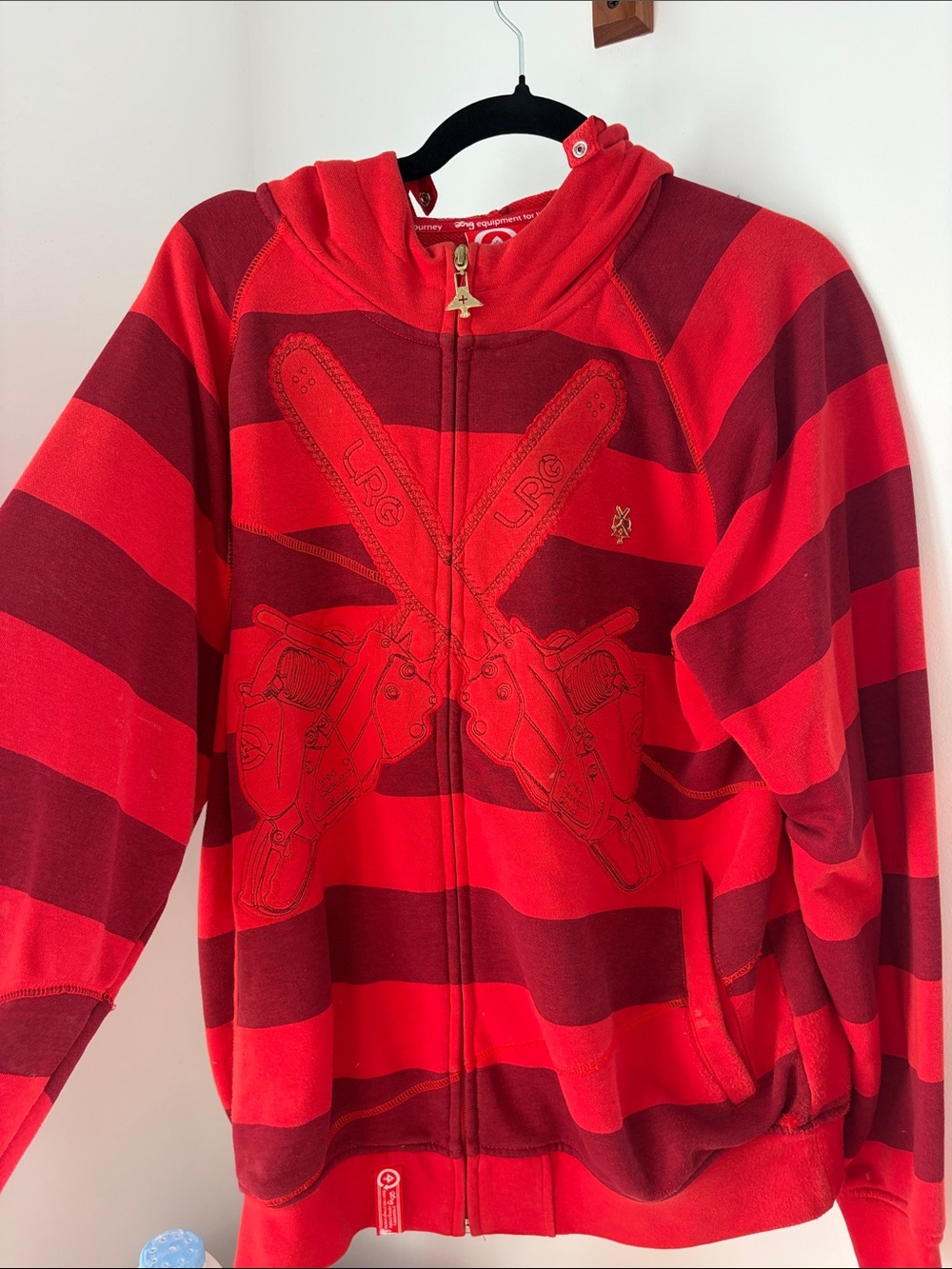 LRG Red & Dark Red Striped Zip-Up Hoodie with Chainsaw Graphic